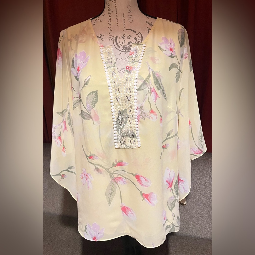 Belle by Kim Gravel Yellow Blouse with Pink Floral Design